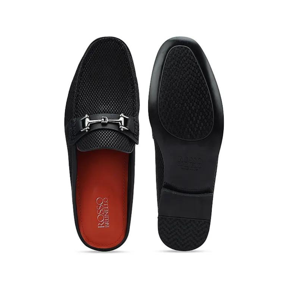 Black Laser Print Leather Mules