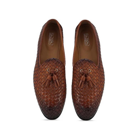 Tan Woven Leather Loafers With Tassels