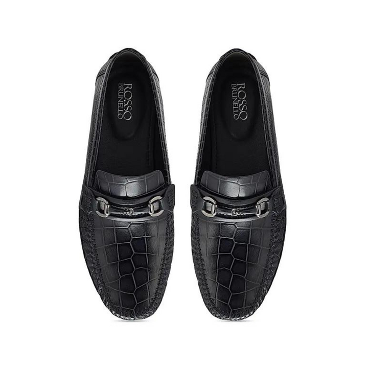 Navy Croco Textured Moccasins