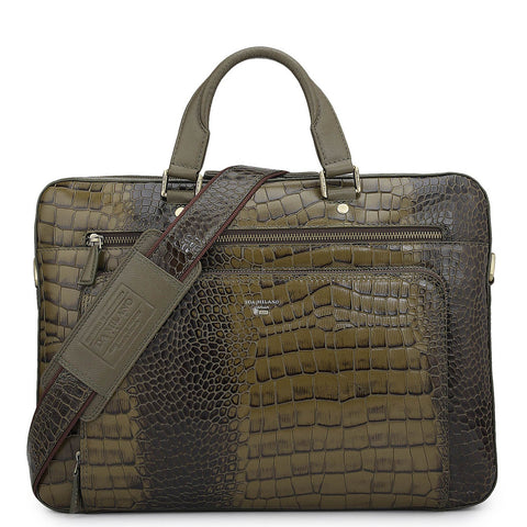 Croco Leather Laptop Bag - Military Green