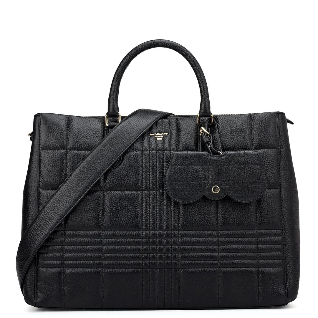 Large Wax Stripe Leather Book Tote - Black