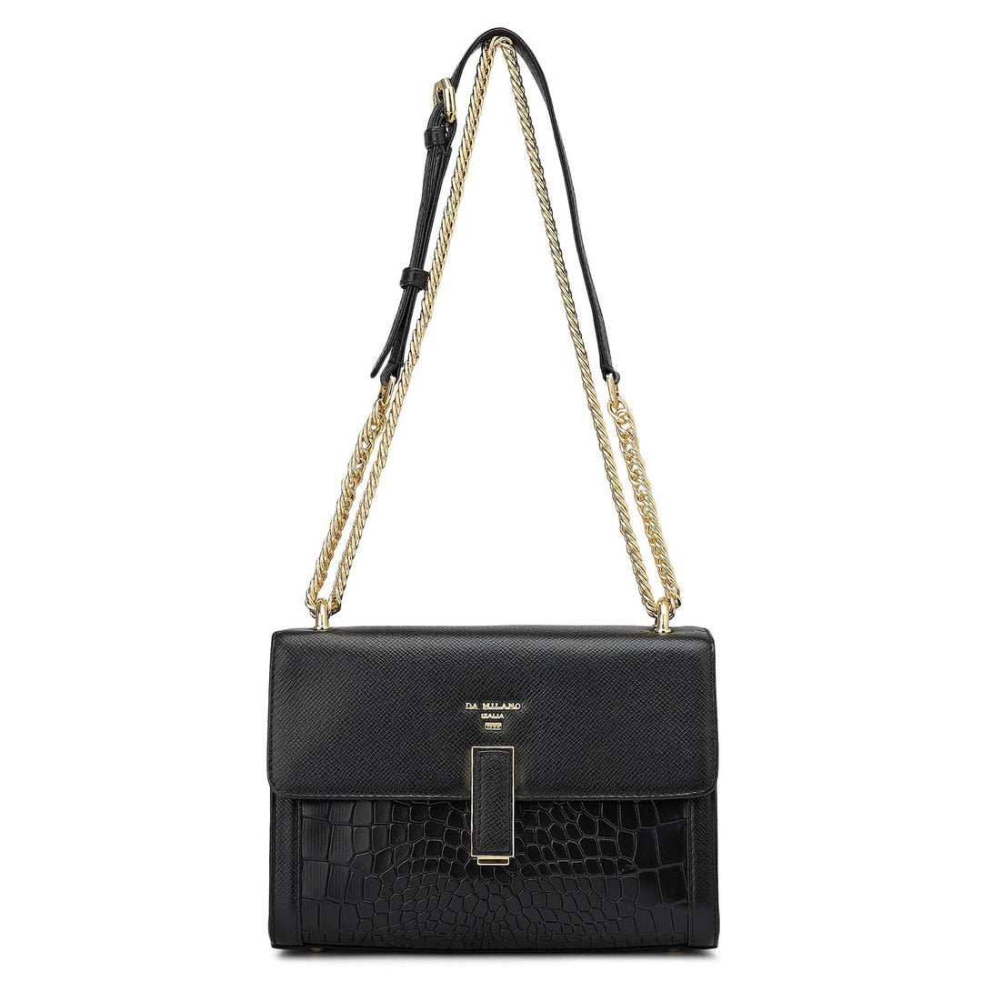 Small Franzy Croco Leather Shoulder Bag - Black