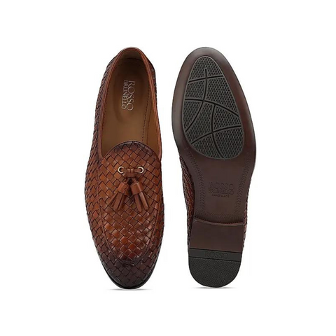 Tan Woven Leather Loafers With Tassels