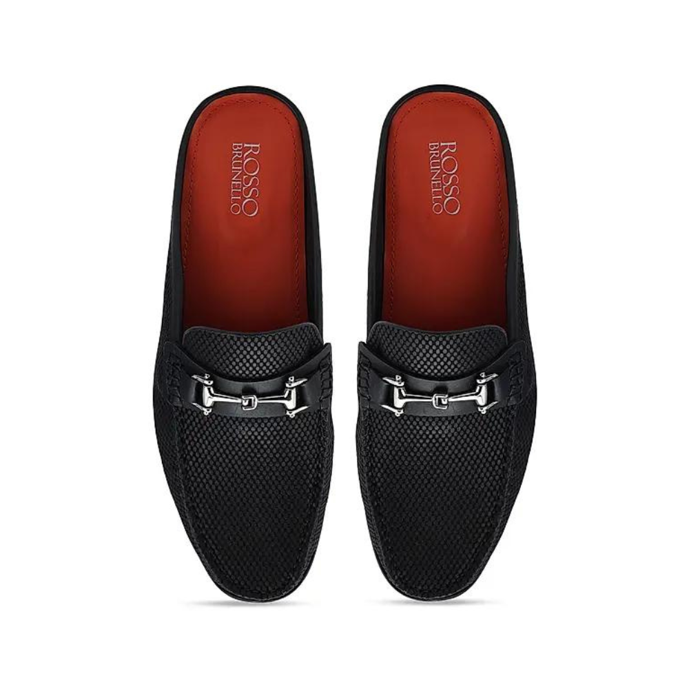 Black Laser Print Leather Mules