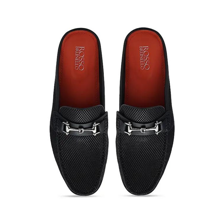 Black Laser Print Leather Mules