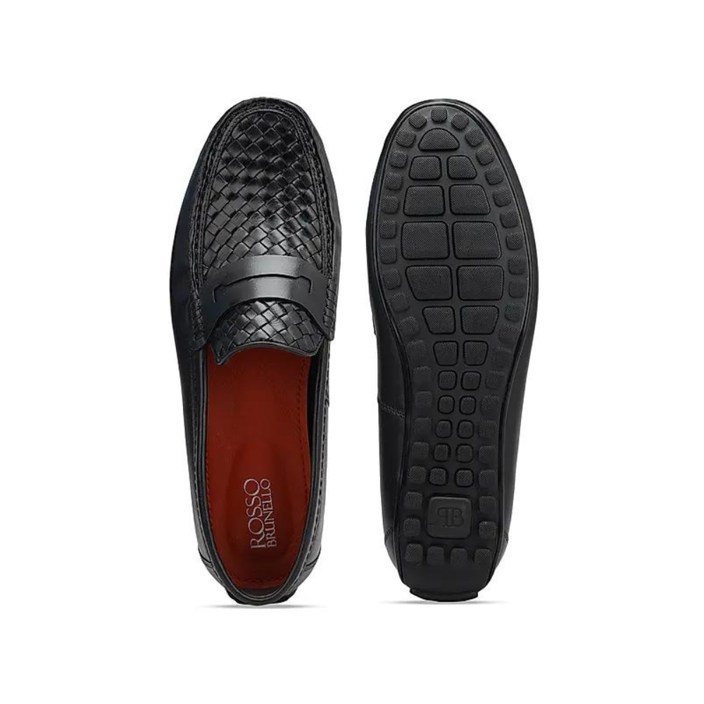 Black Woven Leather Moccasins