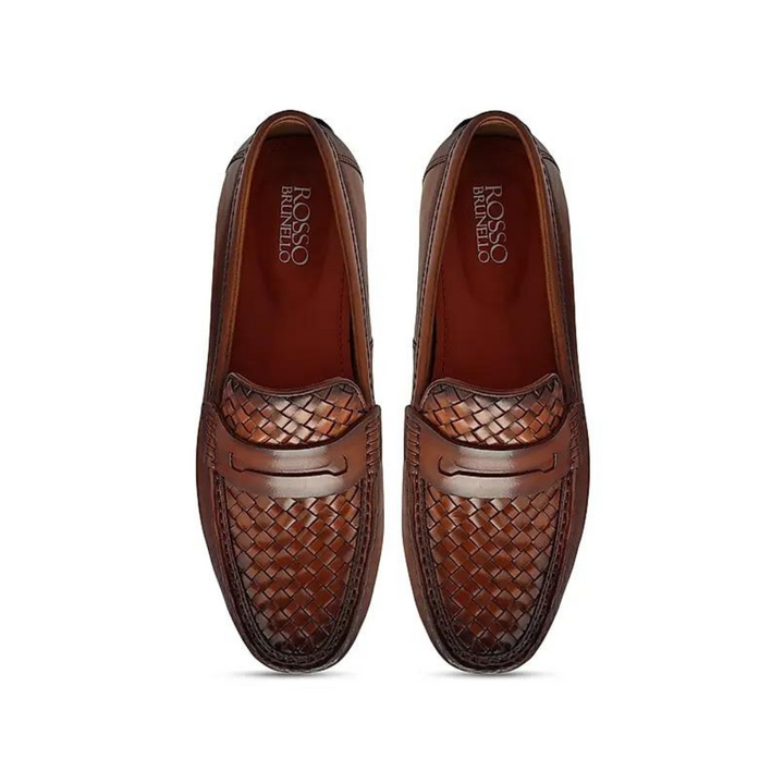 Tan Woven Leather Moccasins