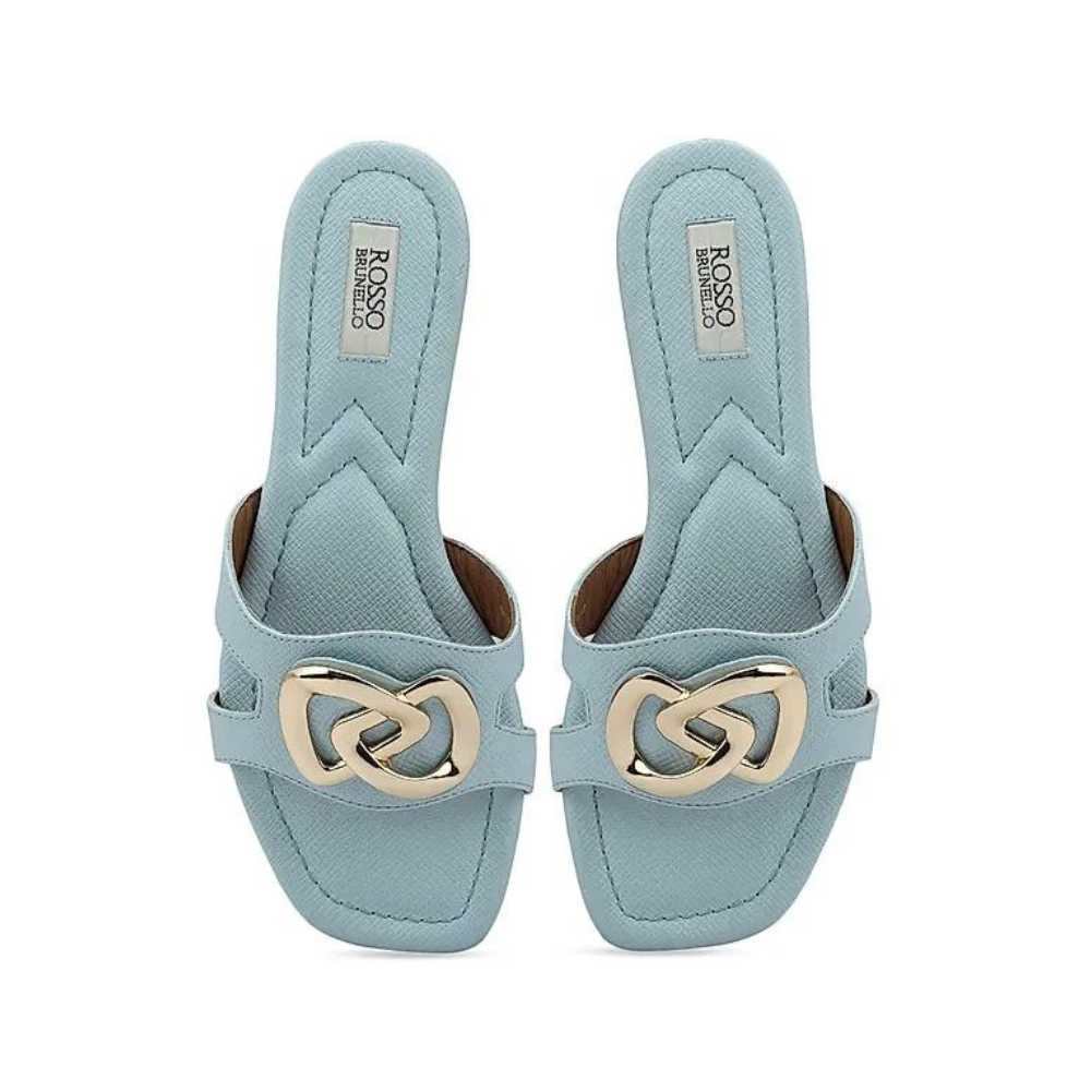 Blue Leather Flats With Buckle