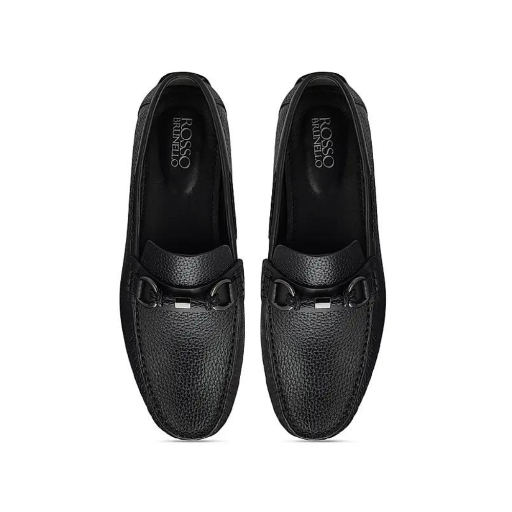 Black Textured Leather Moccasins