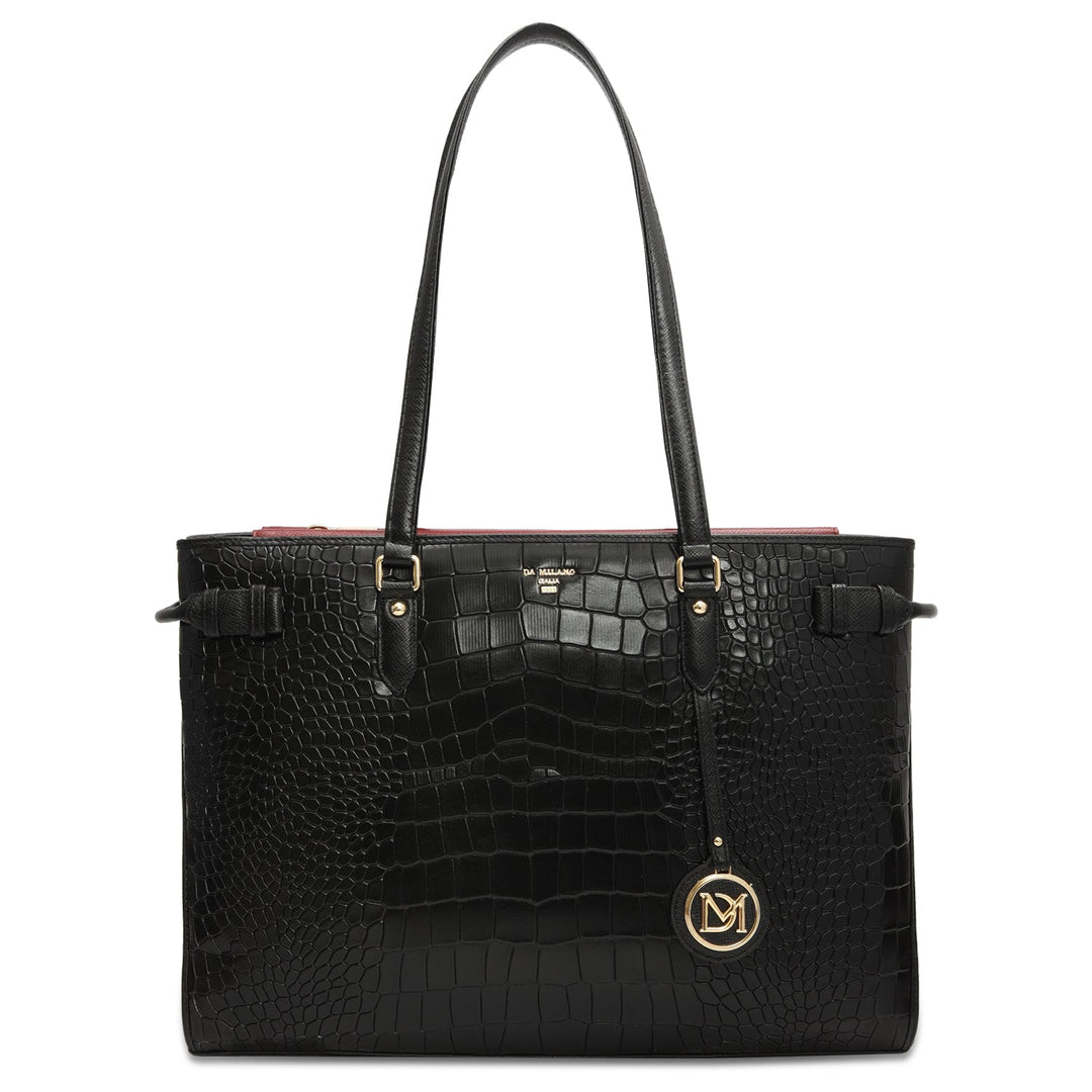 Medium Croco Leather Tote - Black