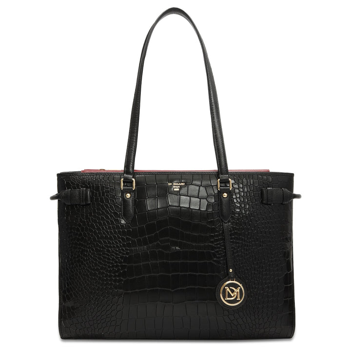 Medium Croco Leather Tote - Black