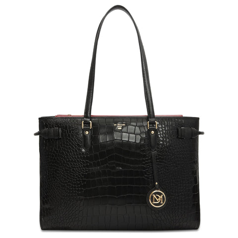 Medium Croco Leather Tote - Black