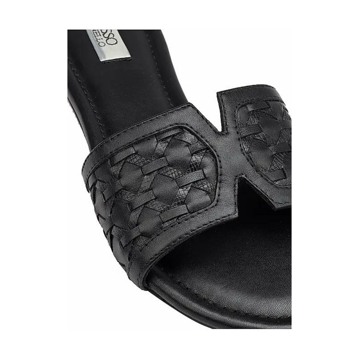 Black Woven Leather Sliders