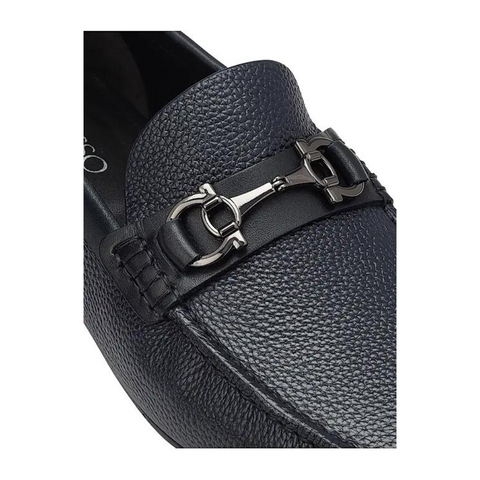 Navy Leather Moccasins With Buckle