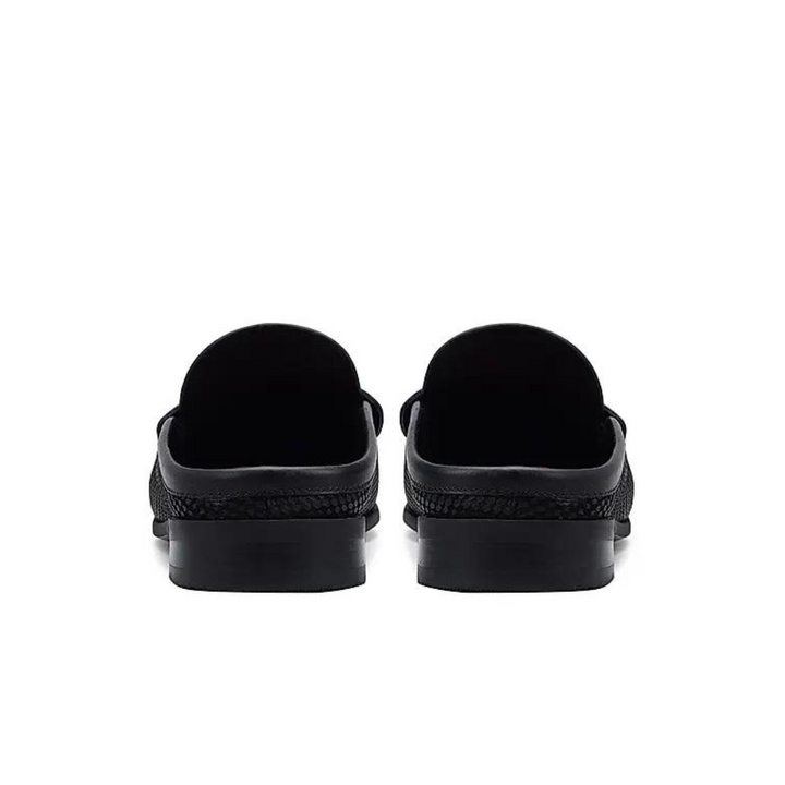 Black Laser Print Leather Mules