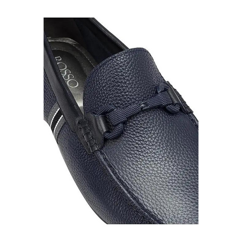 Navy Striped Leather Moccasins