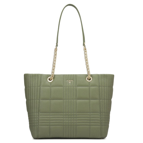 Medium Wax Stripe Leather Tote - Matcha Green