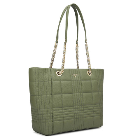 Medium Wax Stripe Leather Tote - Matcha Green