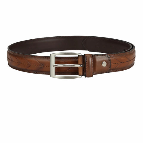 Casual Stripe Leather Mens Belt - Cognac