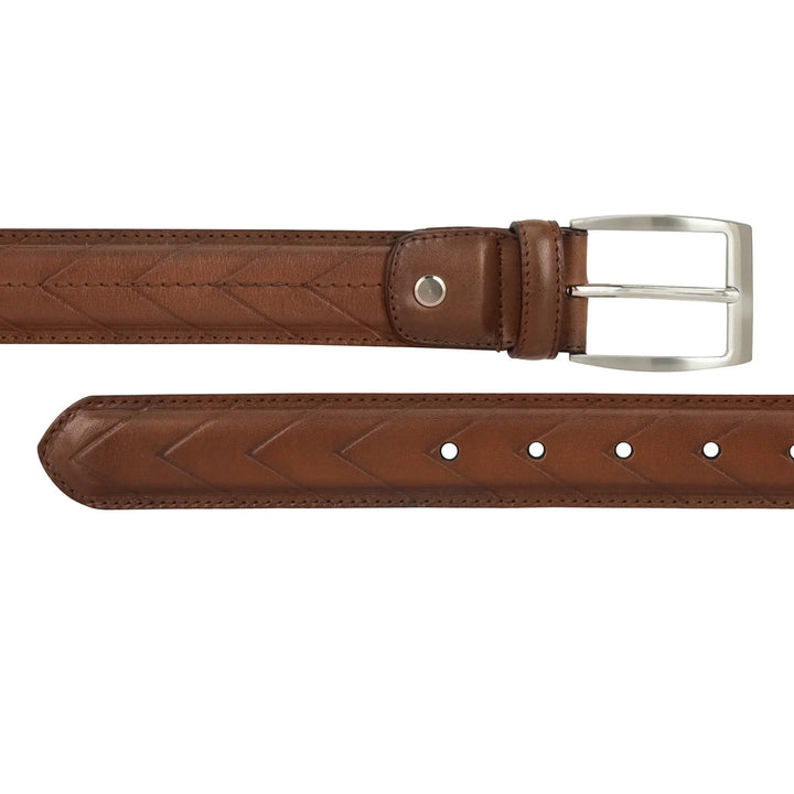 Casual Stripe Leather Mens Belt - Cognac