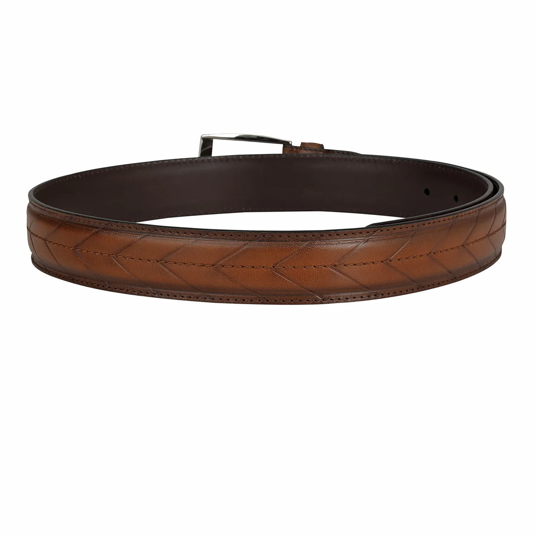 Casual Stripe Leather Mens Belt - Cognac