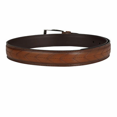 Casual Stripe Leather Mens Belt - Cognac