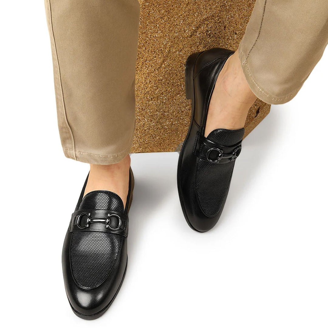 Black Mat Textured Loafers With Buckle