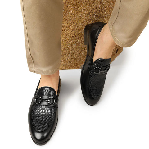 Black Mat Textured Loafers With Buckle