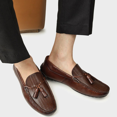 Brown Mat Textured Moccasins With Tassels