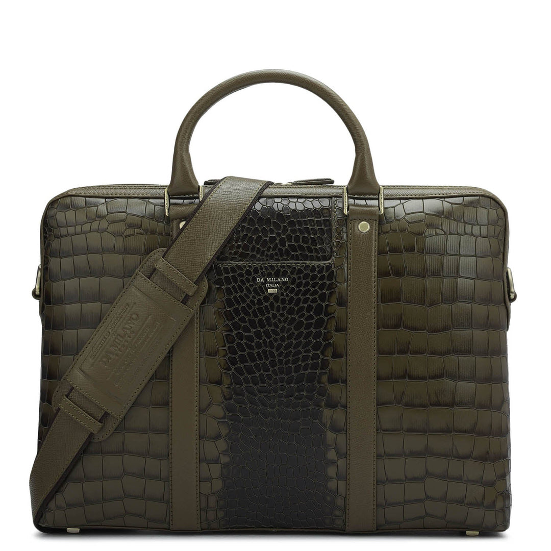 Croco Franzy Leather Laptop Bag - Military Green