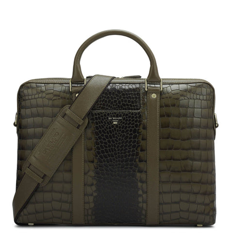 Croco Franzy Leather Laptop Bag - Military Green