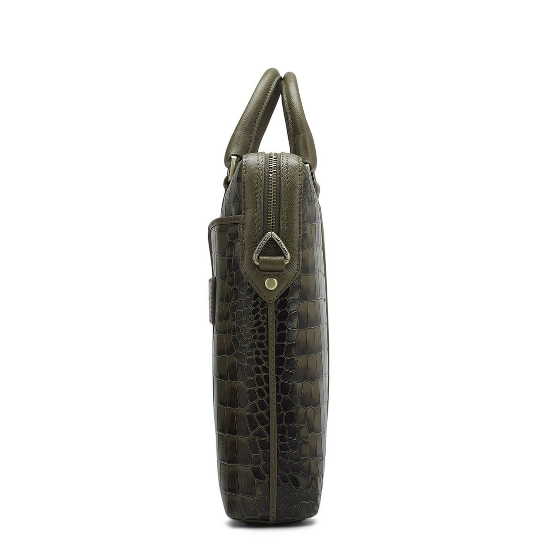 Croco Franzy Leather Laptop Bag - Military Green