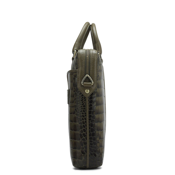 Croco Franzy Leather Laptop Bag - Military Green