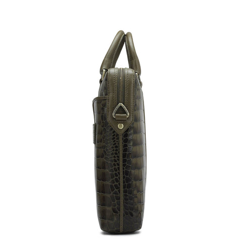 Croco Franzy Leather Laptop Bag - Military Green