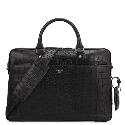 Croco Leather Laptop Bag - Black