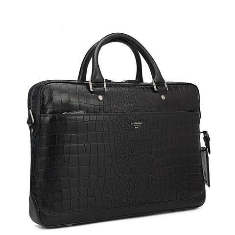 Croco Leather Laptop Bag - Black