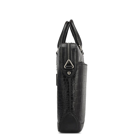 Croco Leather Laptop Bag - Black