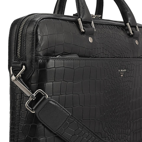 Croco Leather Laptop Bag - Black