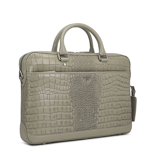 Croco Leather Laptop Bag - Stone Grey