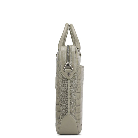 Croco Leather Laptop Bag - Stone Grey