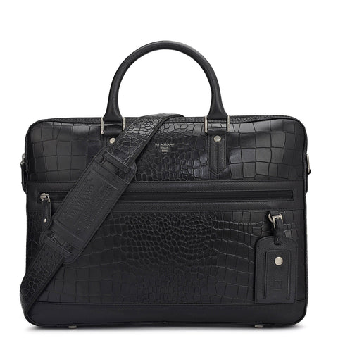Da Milano Leather Laptop Bag - Croco - Black