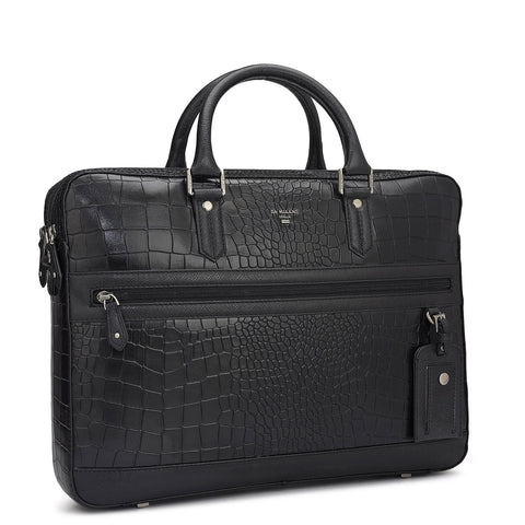 Da Milano Leather Laptop Bag - Croco - Black