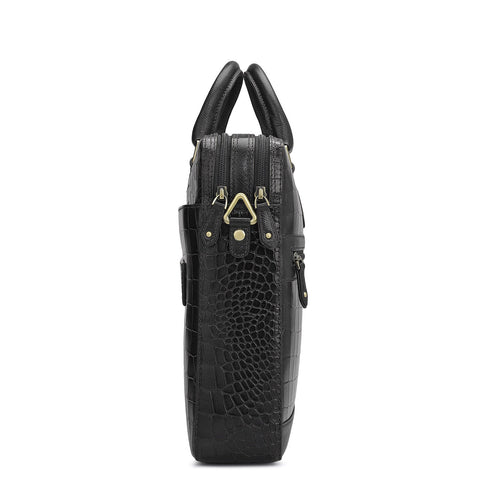 Da Milano Leather Laptop Bag - Croco - Black