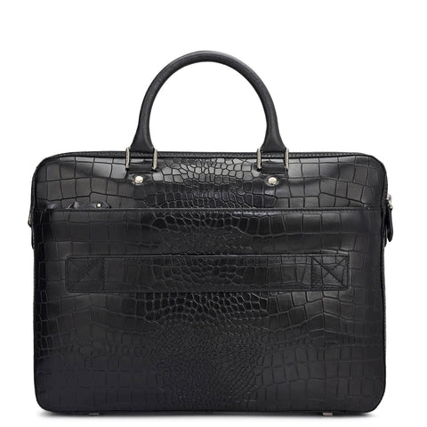 Da Milano Leather Laptop Bag - Croco - Black