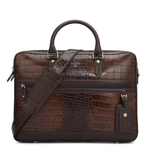 Da Milano Leather Laptop Bag - Croco - Brown
