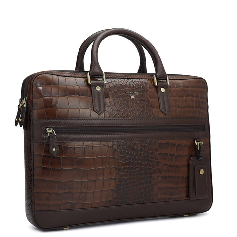 Da Milano Leather Laptop Bag - Croco - Brown