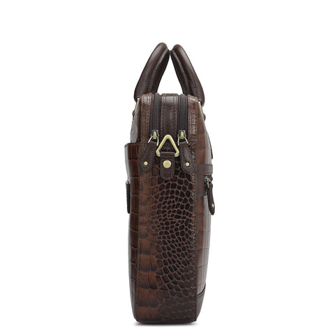 Da Milano Leather Laptop Bag - Croco - Brown