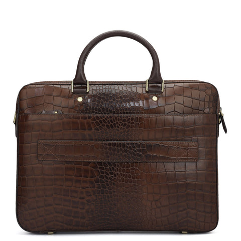 Da Milano Leather Laptop Bag - Croco - Brown