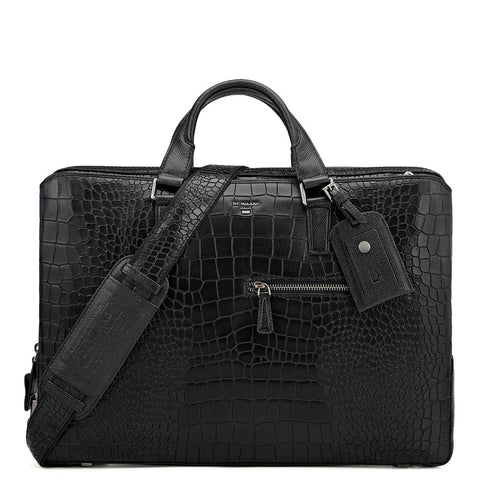 Croco Leather Laptop Bag - Black