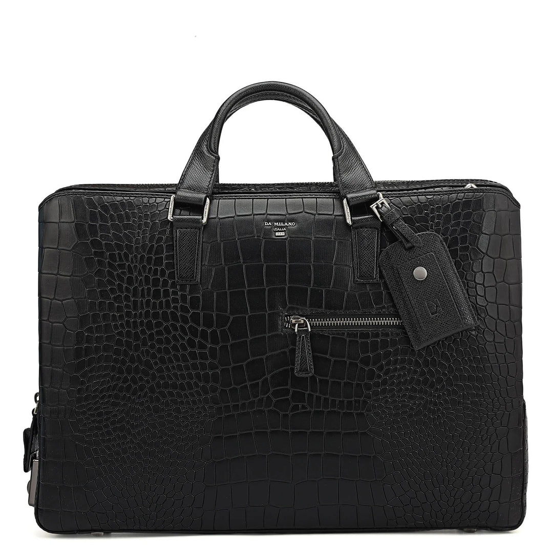 Croco Leather Laptop Bag - Black